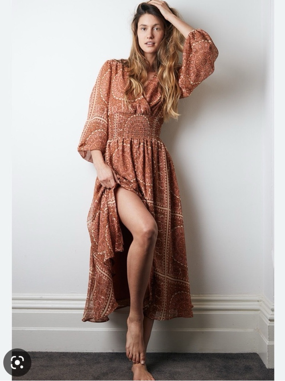BARDOT Terracotta and Dusty Pink Long Sleeve Maxi Dress